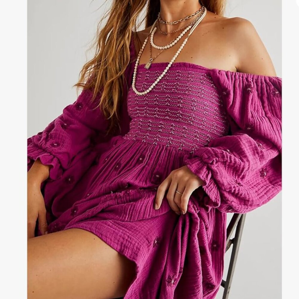 Fall Floral Embroidered Boho Maxi Dress – Long Puff Sleeve